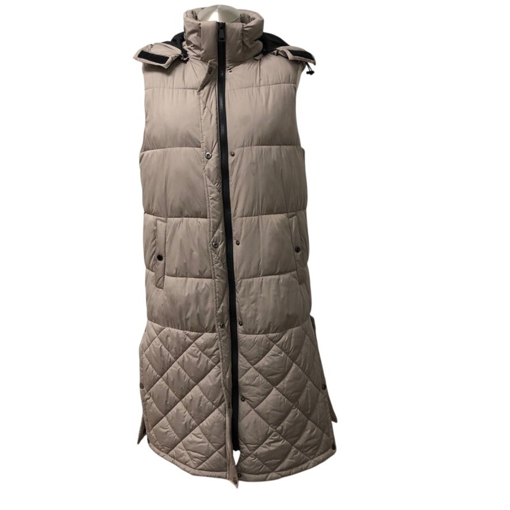 Nordstrom Puffer Vest Womens Small Tan Long Quilted Hooded Sleeveless Jacket